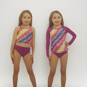 Lands' End 3 Piece Swim Set Girls Size 4T Purple Geometric UPF 50‎ Quick Dry
